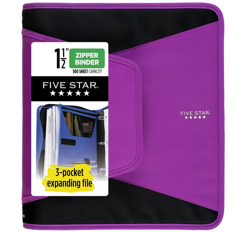 Five Star Zipper Binder, 1-1/2 Inch 3-Ring Binder for School, 3 Pocket Expanding File, 500 Sheet Capacity, Purple (72532) - Image 1